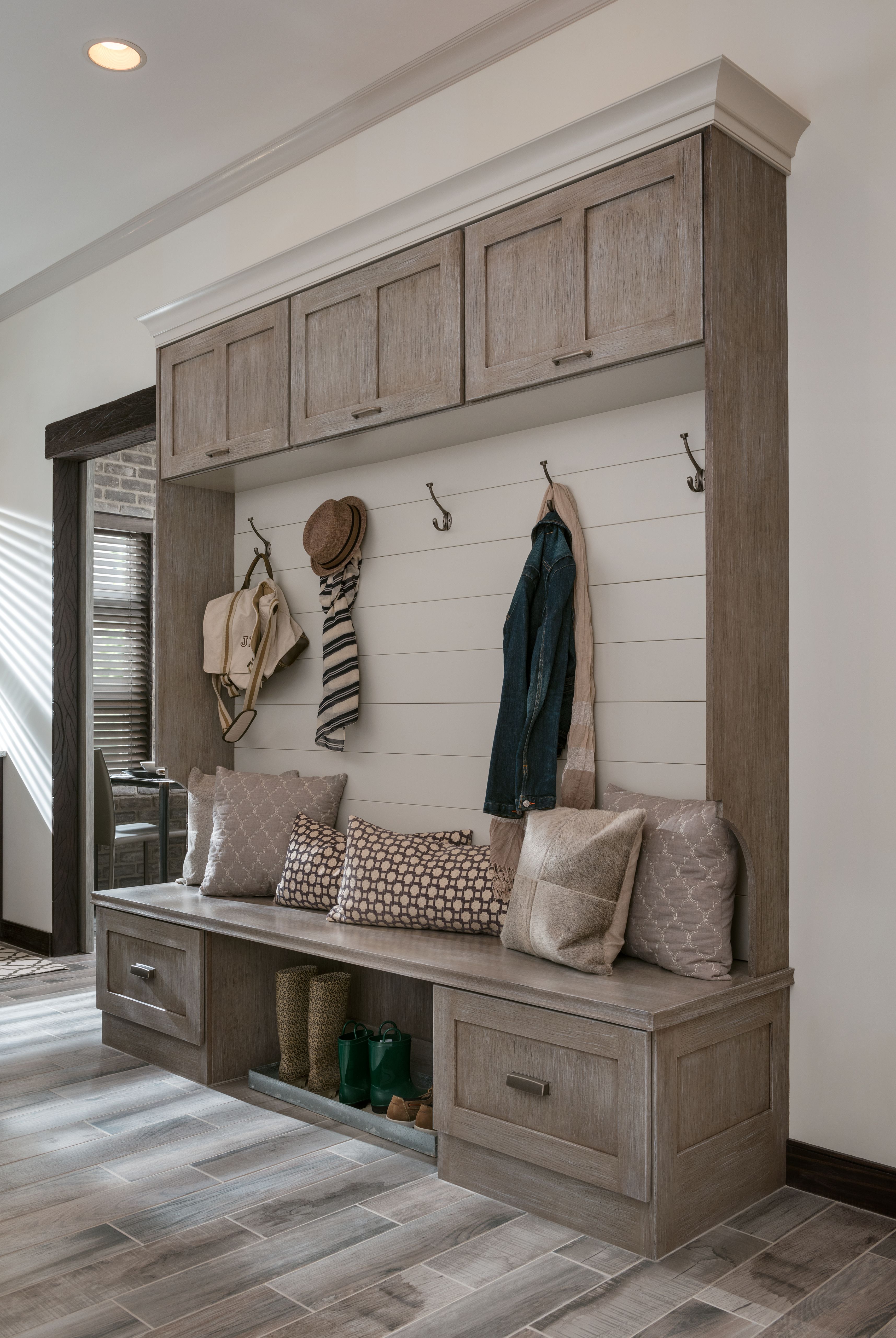Mudroom cabinets with bench, cubbies and closed storage