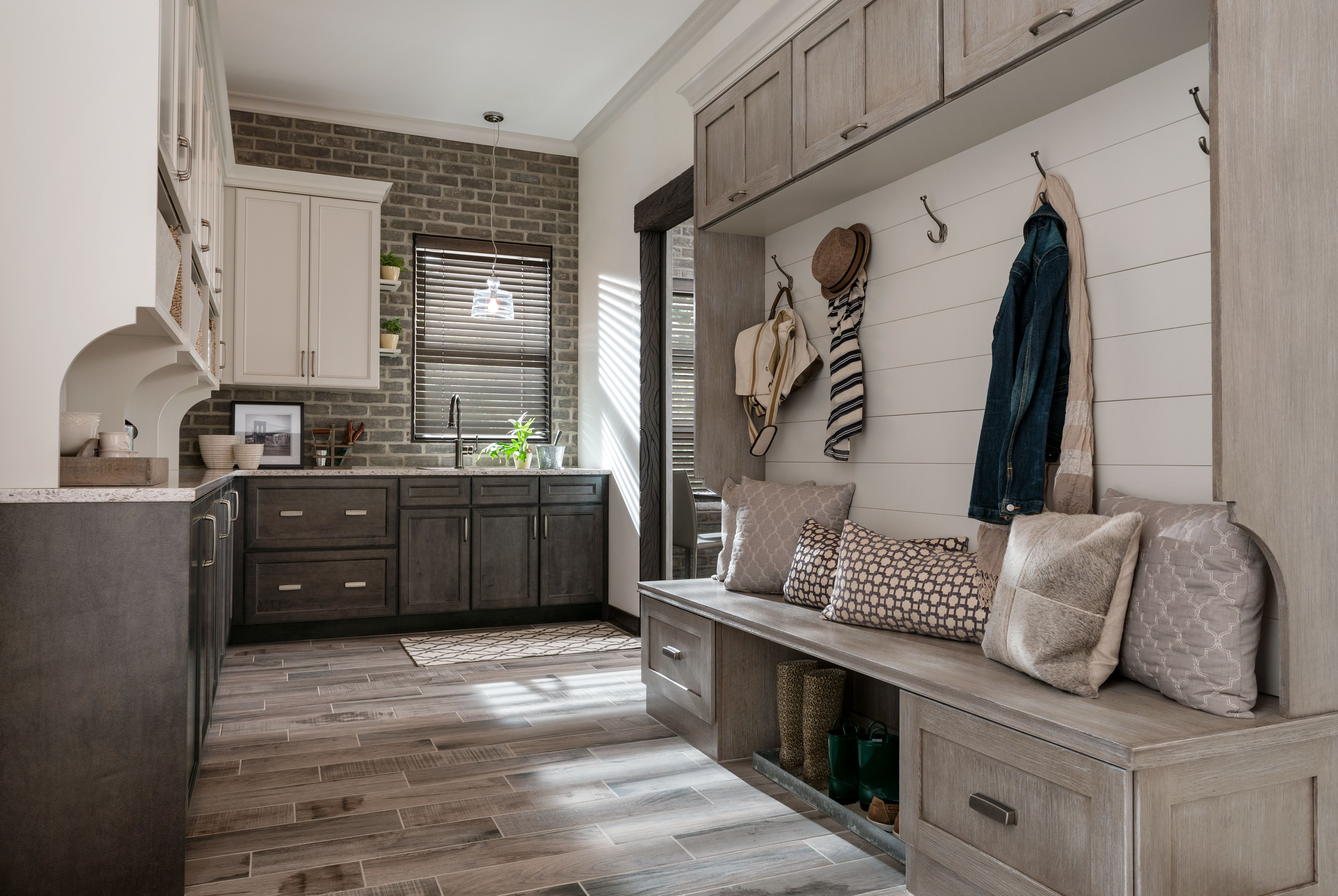 Mudroom cabinets with bench, cubbies and closed storage