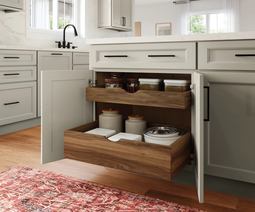 Thoughtfully designed kitchen with pull-out pantry, spice storage and deep cookware drawers