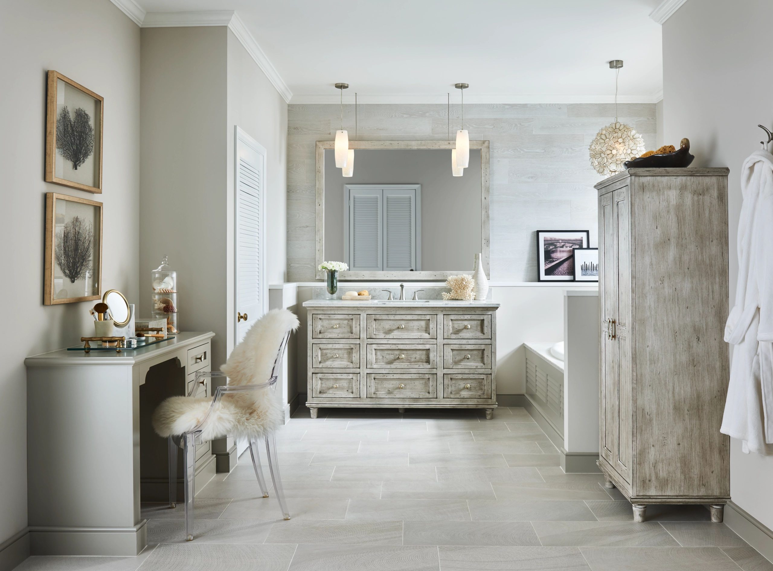 Bathroom cabinetry with drawers and linen storage