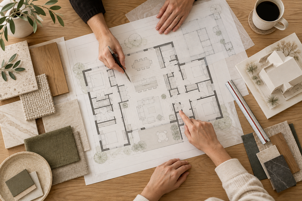 Residential designer and homeowner reviewing a custom home floor plan