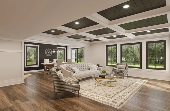Living room with white crown moulding, window casings and baseboards