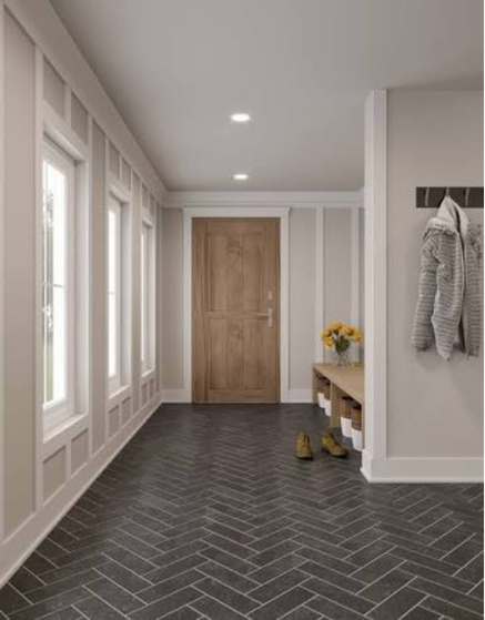 White interior door and window casings with matching baseboards